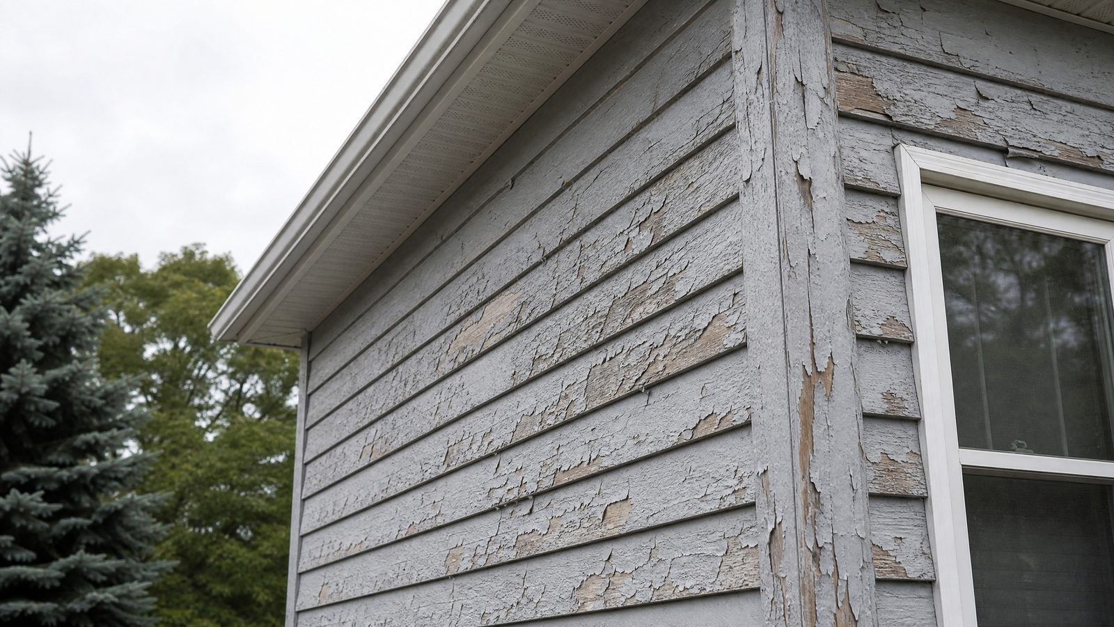 Exterior wall of a Barrie home with pale grey paint peeling off wood lap siding, exposing bare weathered wood