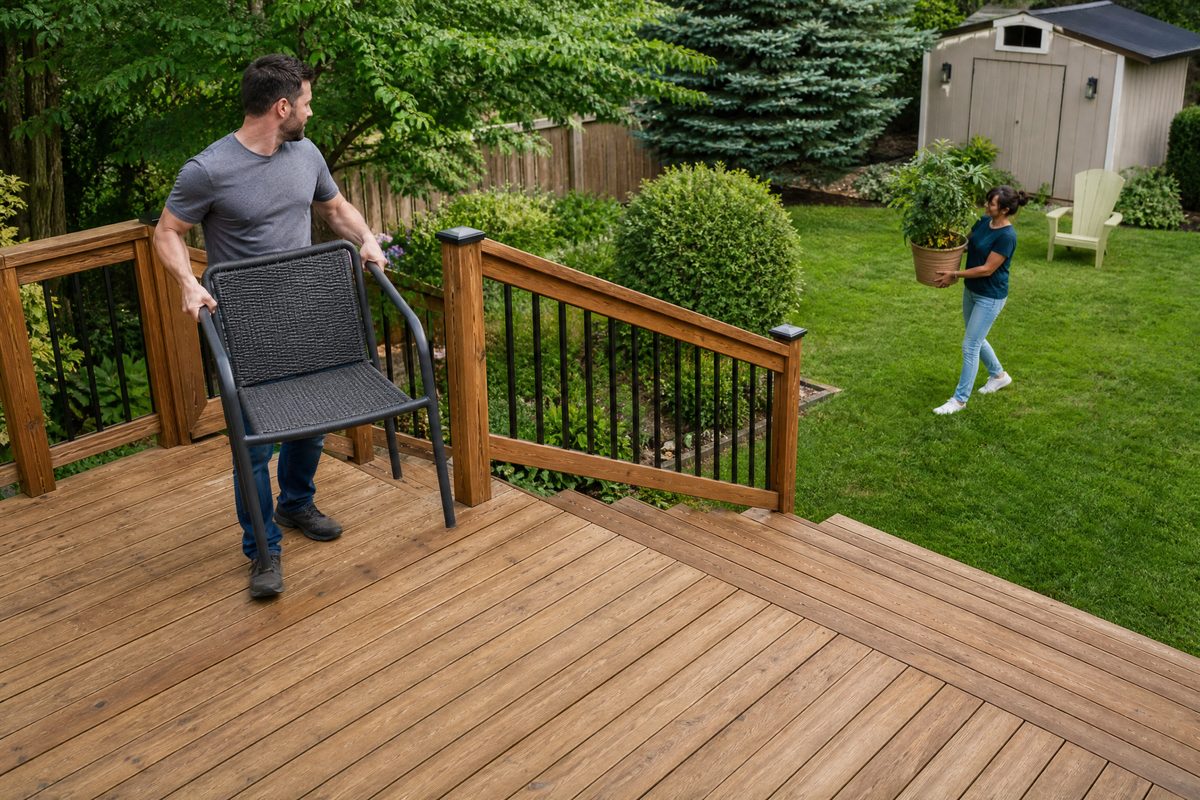 Homeowners removing a patio chair and potted plant from a clear wooden deck before staining service
