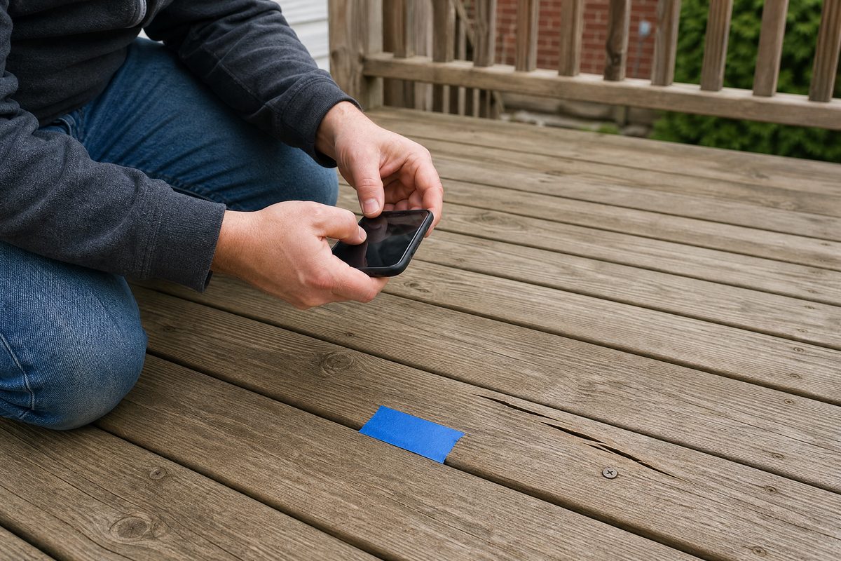 Homeowner photographing a split deck board marked with blue tape beside a raised screw before the staining crew arrives