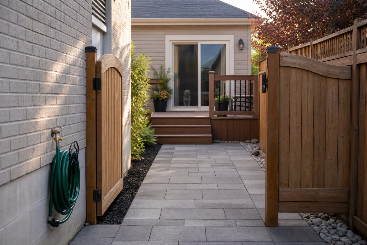 Open side gate and clear paved route to a backyard deck with an accessible hose bib and a dog secured indoors