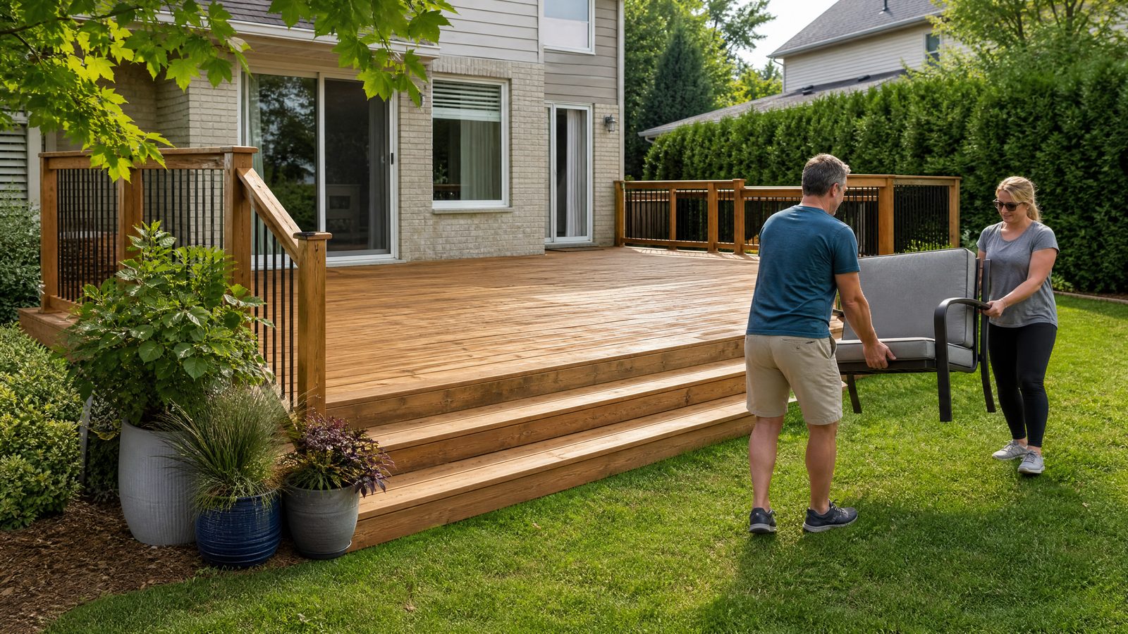 Barrie homeowners carrying the final patio chair away from a completely cleared wooden deck before professional staining
