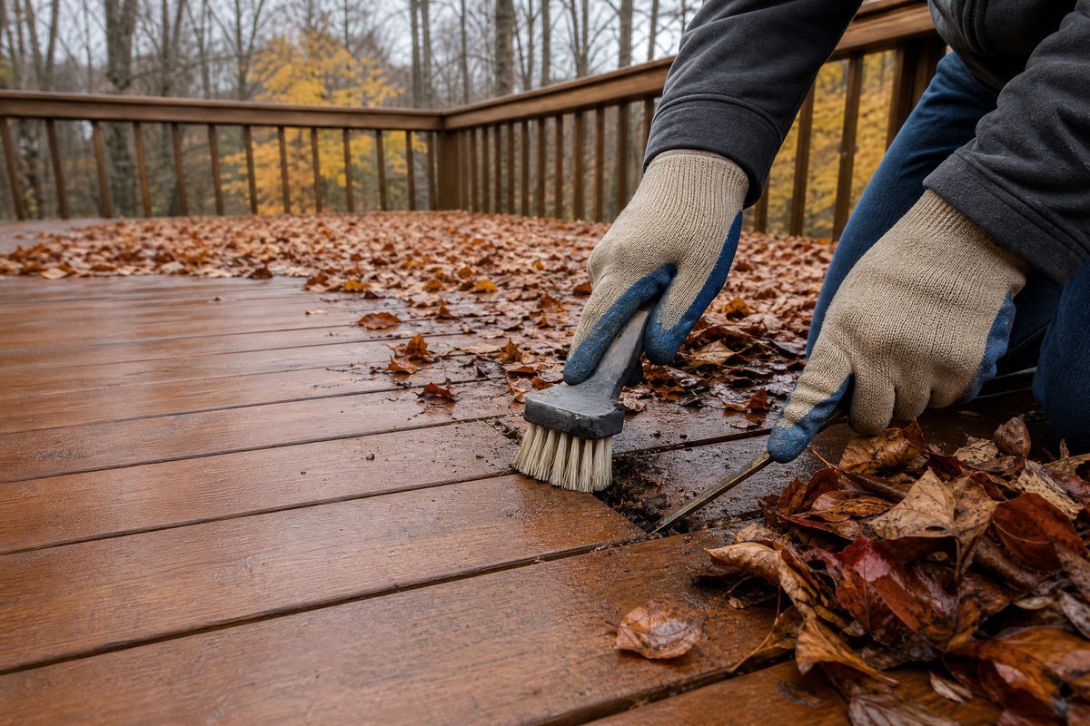 Gloved hands brushing packed wet autumn leaves and debris out of the gaps between stained deck boards