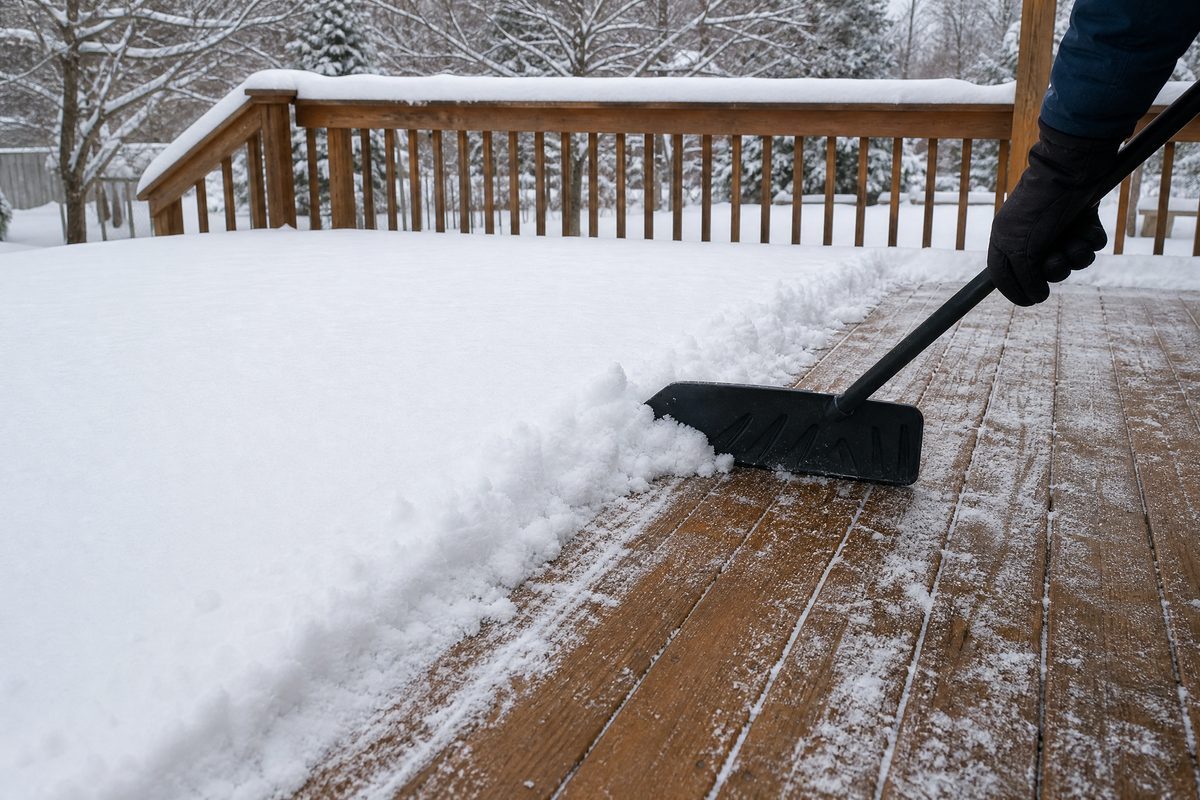 Plastic-bladed snow shovel clearing snow along the direction of the deck boards, leaving a thin protective film of snow