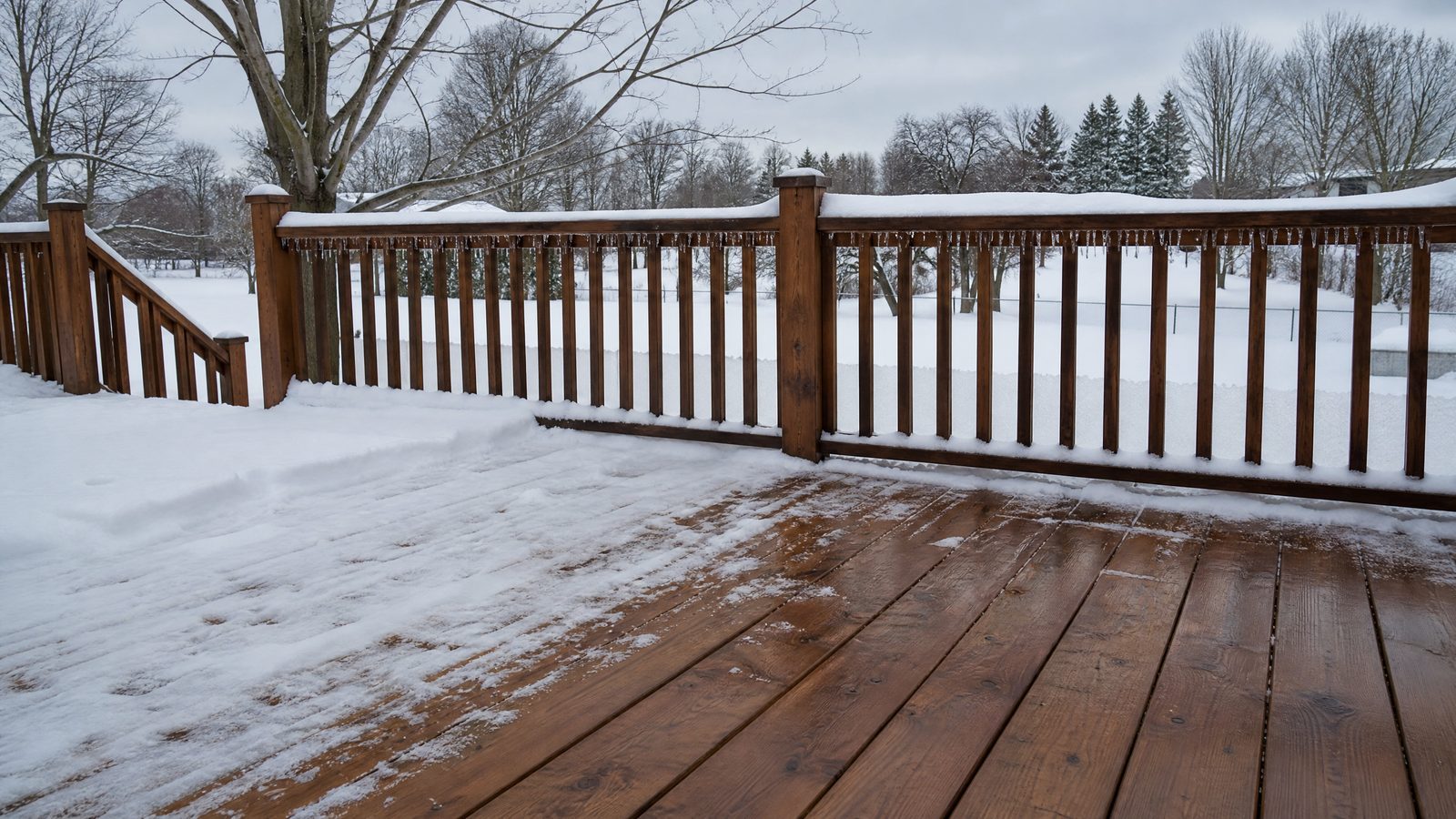 Snow-covered wooden backyard deck in Barrie Ontario with a cleared strip showing warm brown stained boards