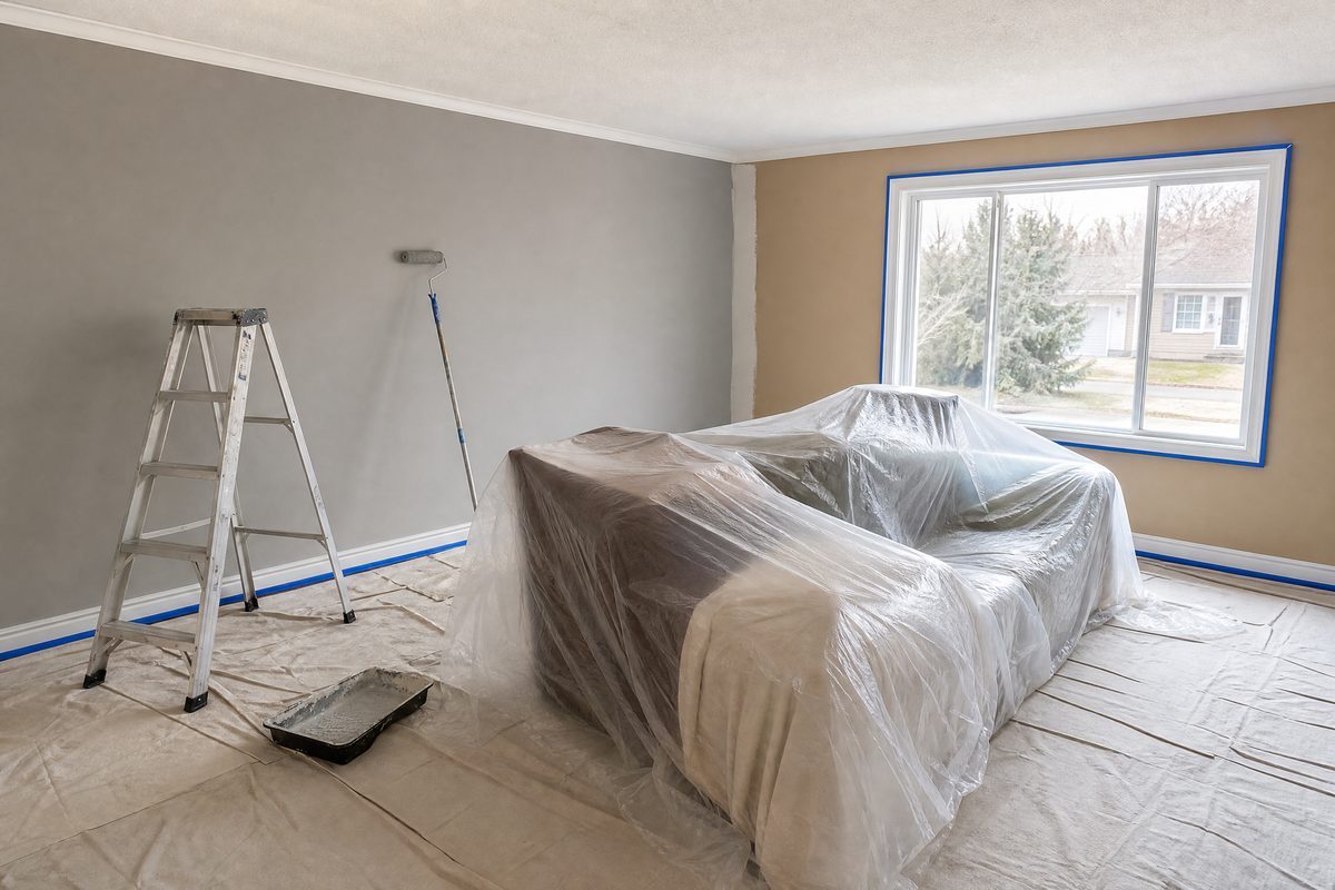 Barrie living room mid-repaint with furniture centred and covered, ladder set up, taped trim and one finished accent wall
