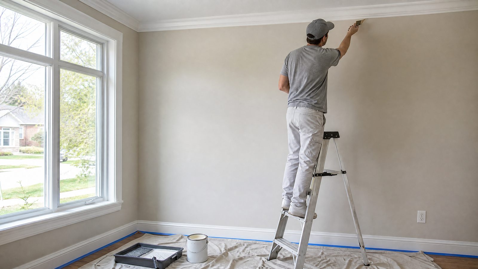 Professional painter cutting in a wall and ceiling line in a Barrie living room with drop sheets and taped baseboards in place