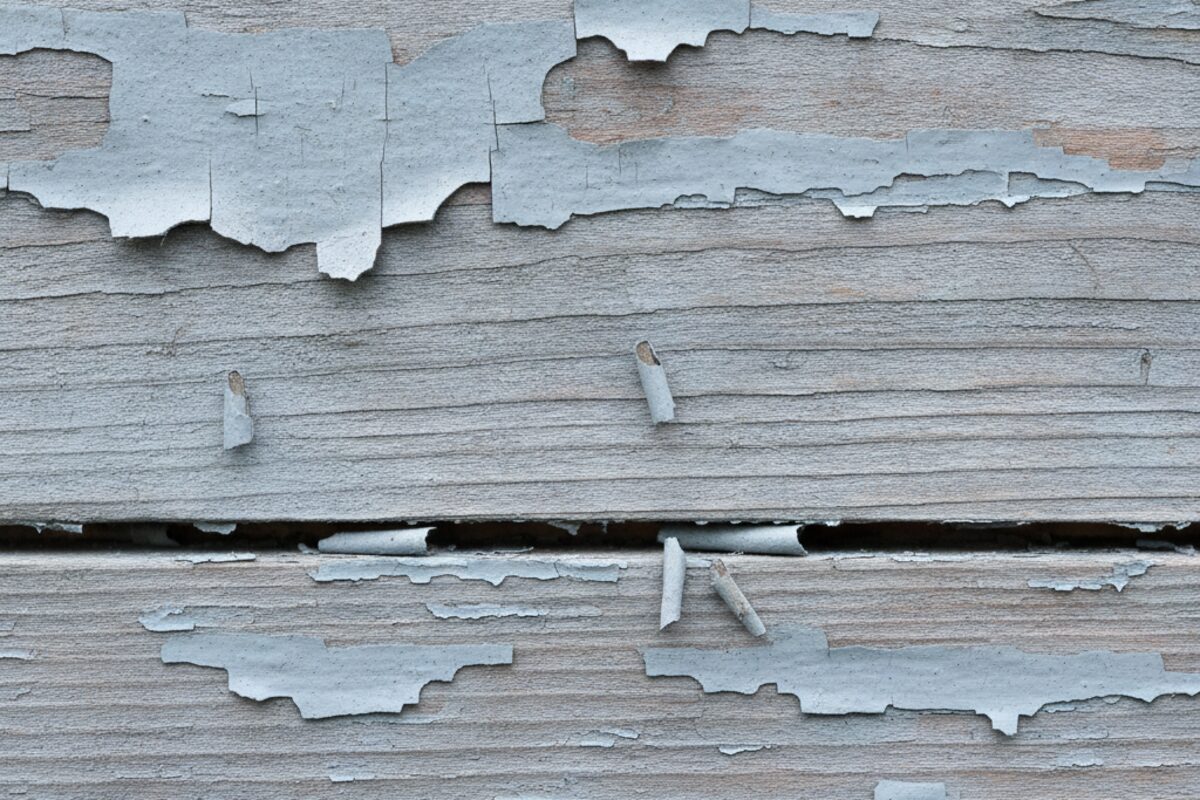 Close-up of a weathered fence board showing paint peeling and flaking away from bare grey wood beneath