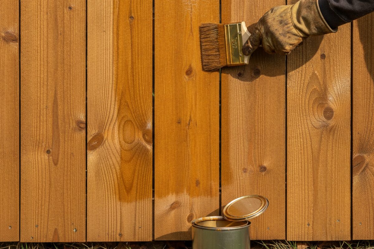 Cedar fence boards being coated with a brush in clear autumn daylight, showing the grain remaining visible through the finish