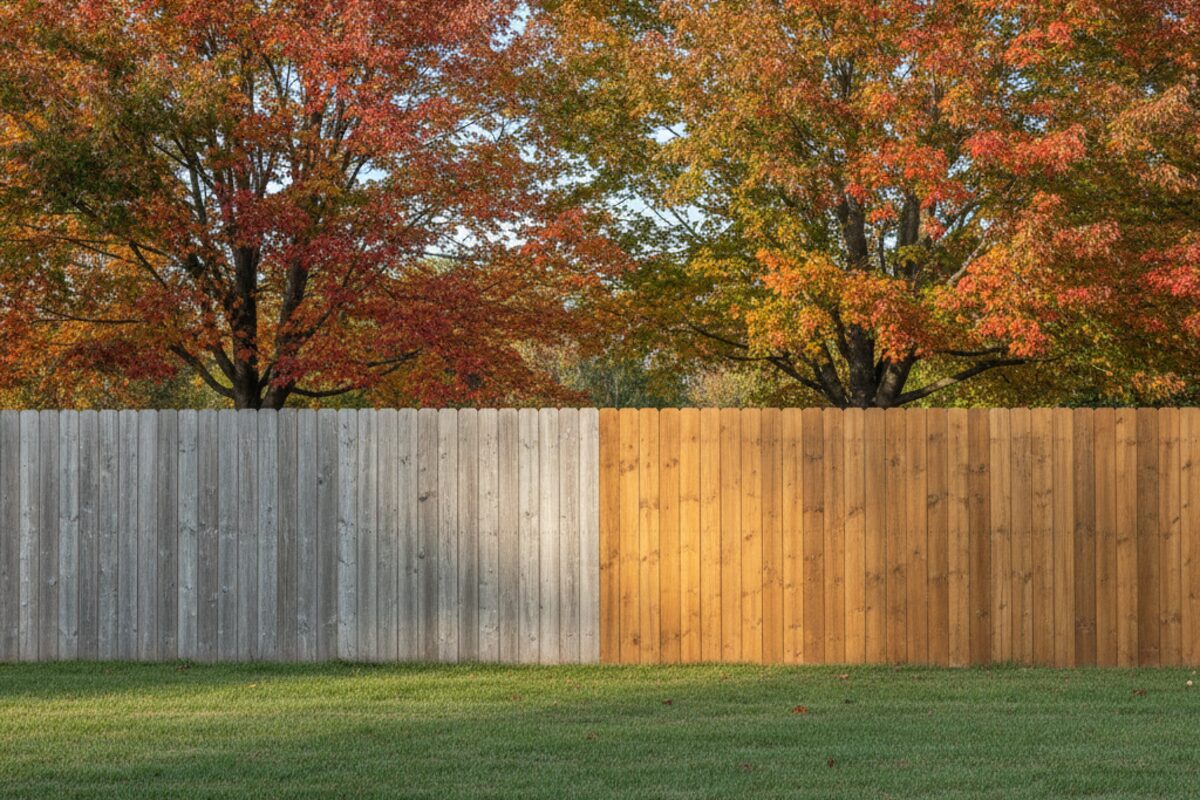 Cedar board fence in a Barrie back garden, half weathered grey and half freshly coated, with autumn trees behind