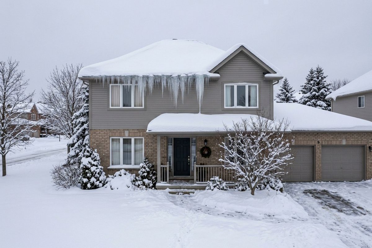 Snow-covered house roof with a ridge of ice and icicles along the eavestrough in winter