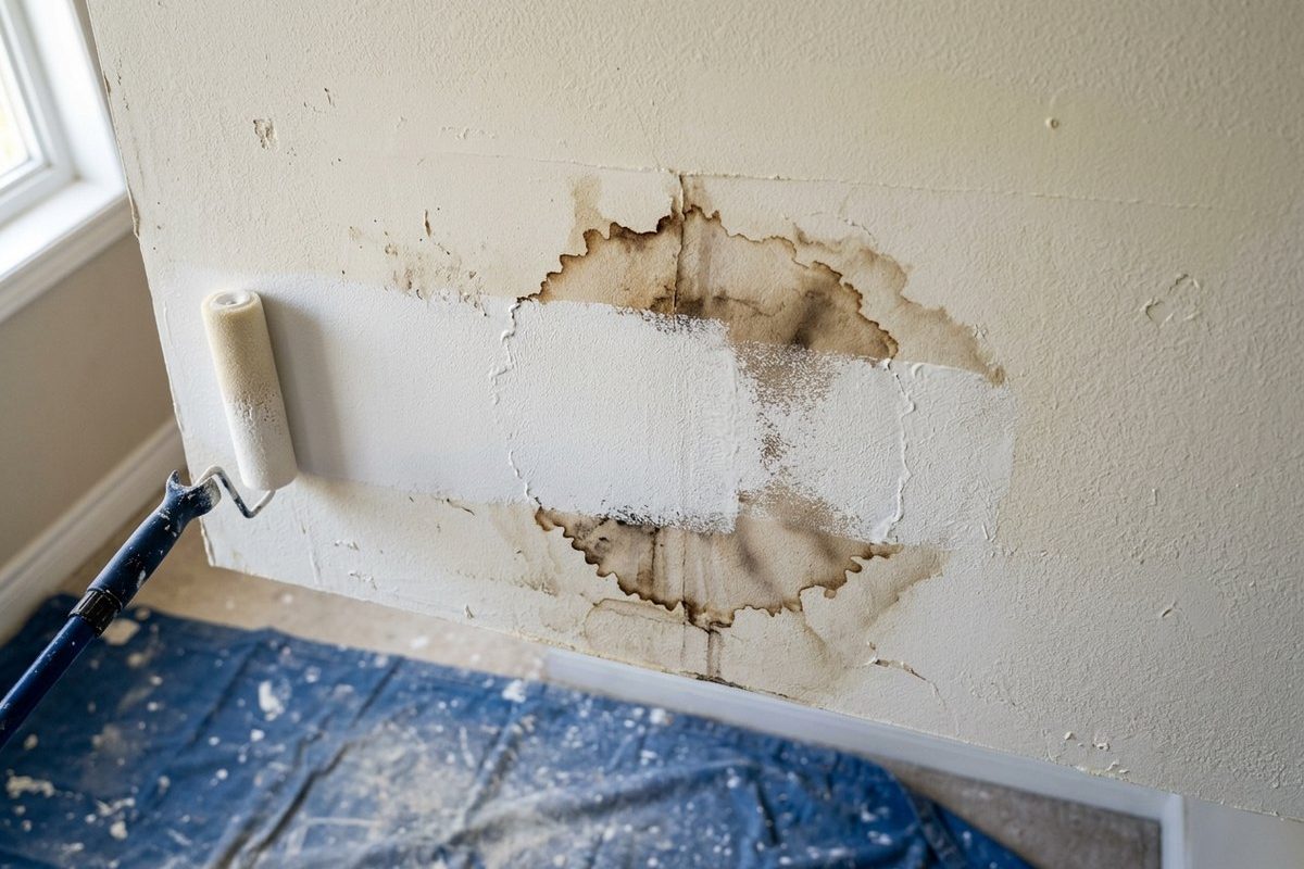 Brown water stain on drywall partly covered with a band of white stain-blocking primer applied with a roller