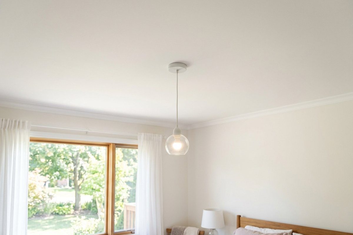 Evenly painted flat white bedroom ceiling with no visible stain or patch