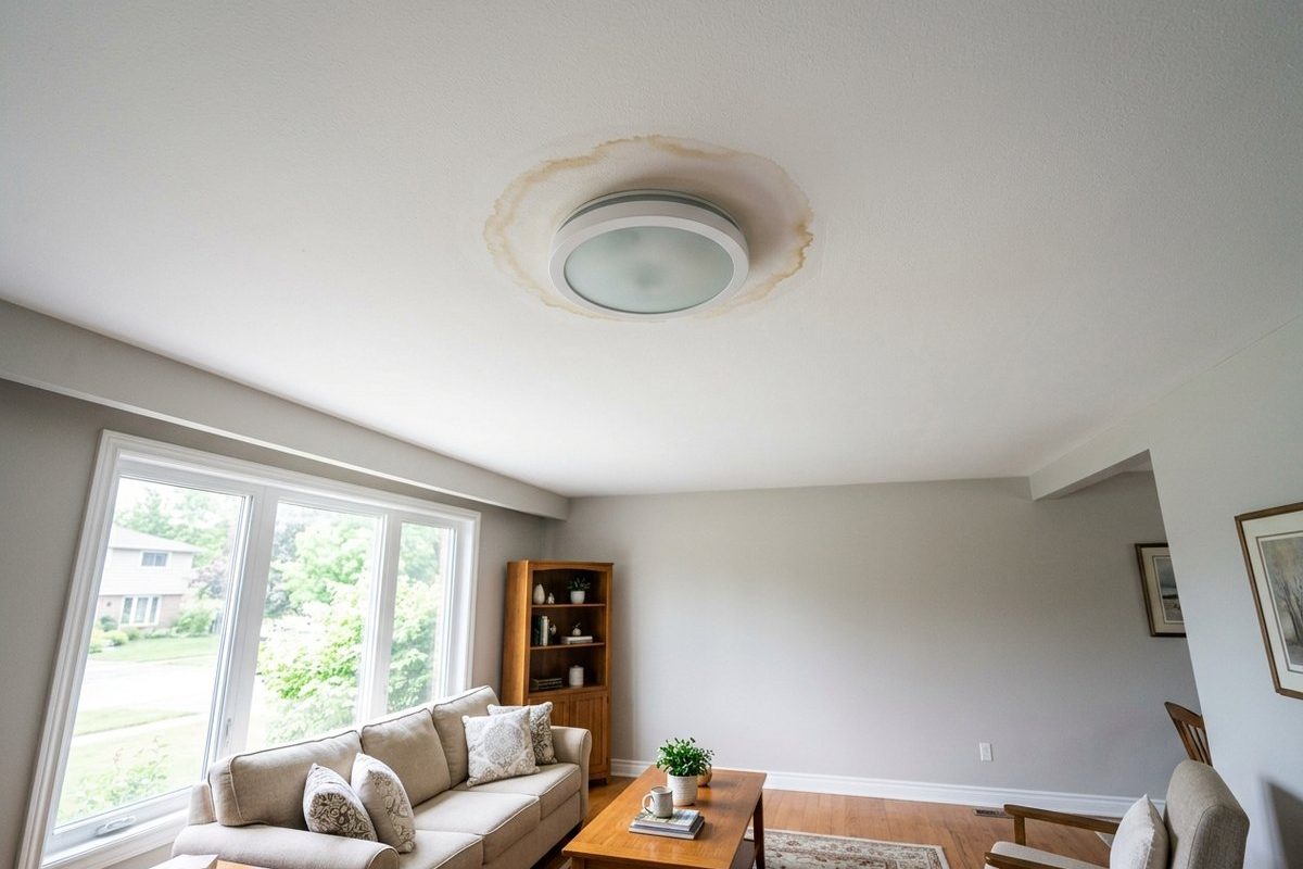 White living room ceiling with a brown ring-shaped water stain beside a light fixture
