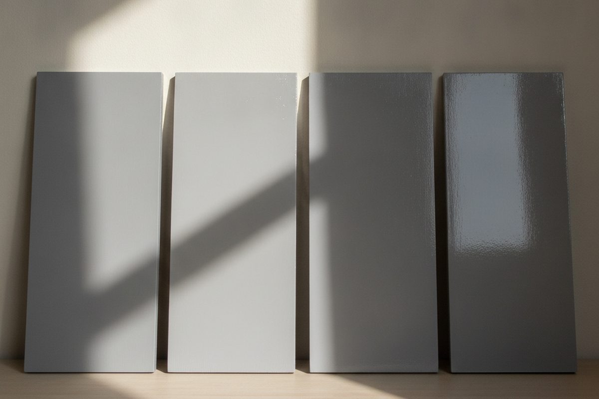 Painted sample boards in the same grey colour, from flat to semi-gloss, showing how light reflects more strongly as the sheen increases