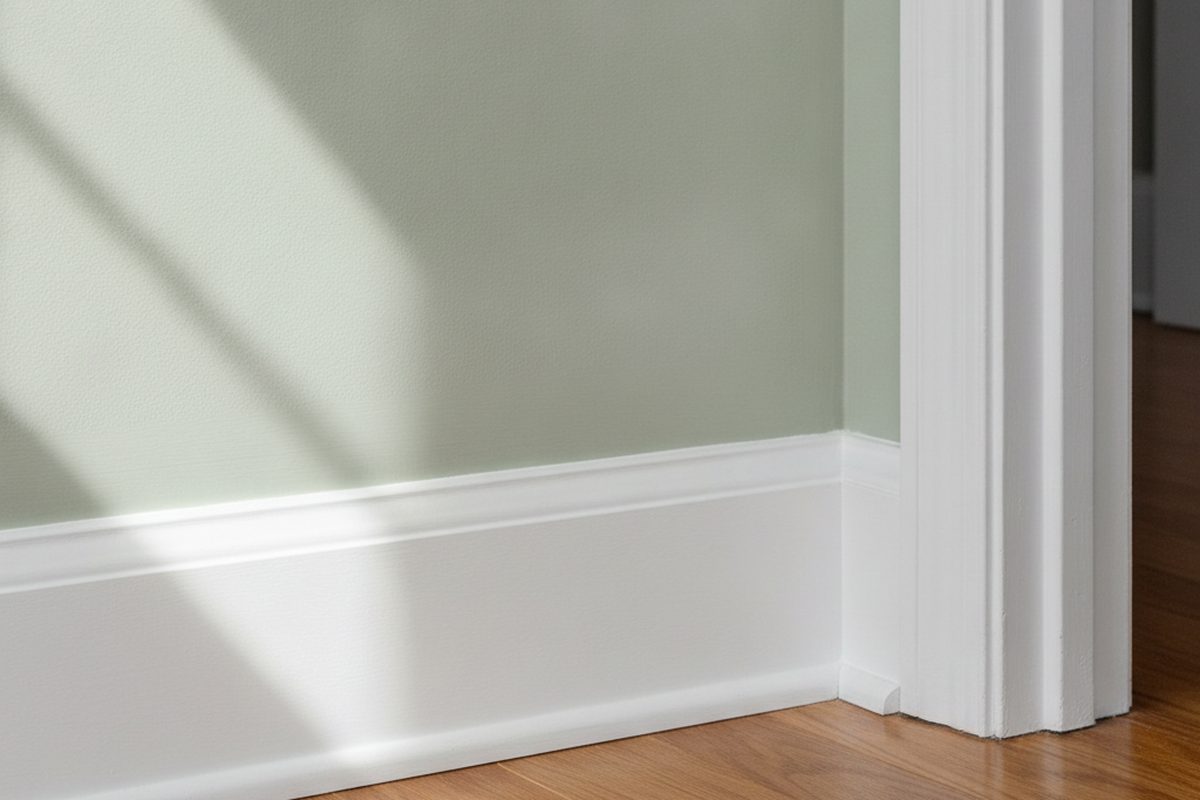 White semi-gloss baseboard and door casing beside a matte painted wall in a home hallway
