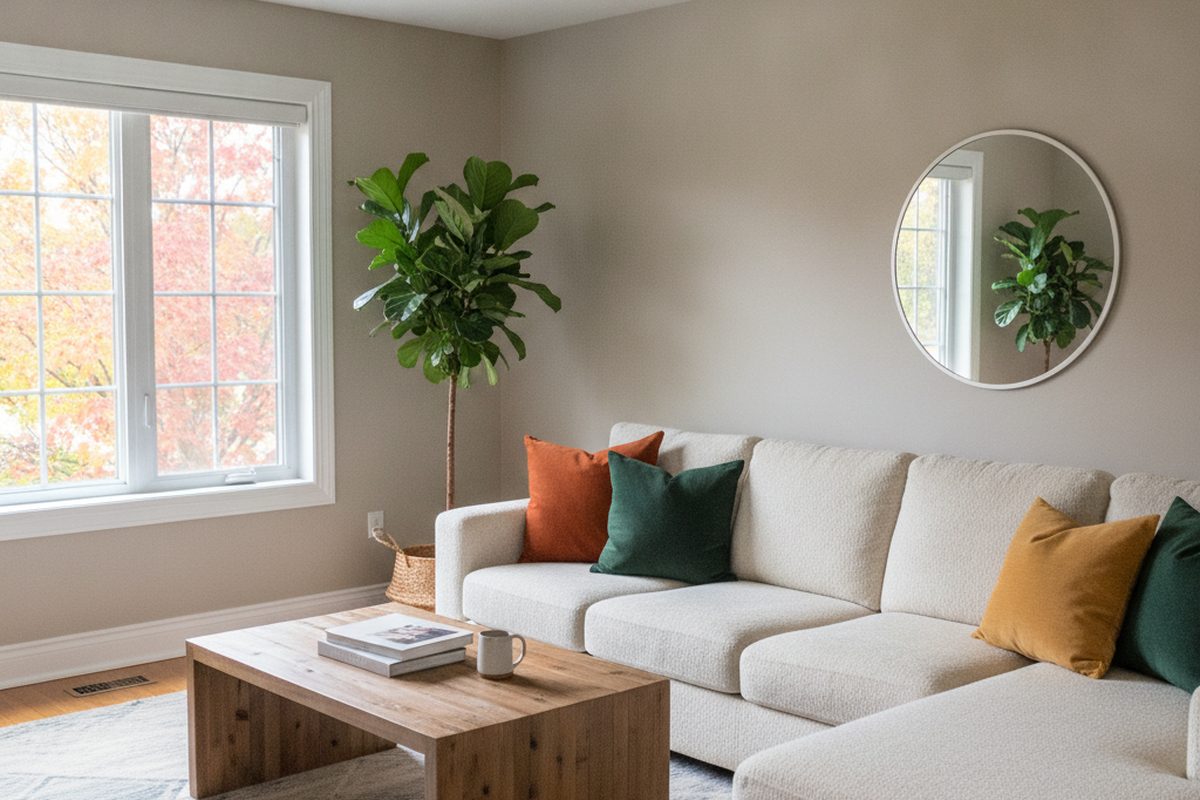 Freshly painted living room with soft matte walls and white semi-gloss trim catching the window light