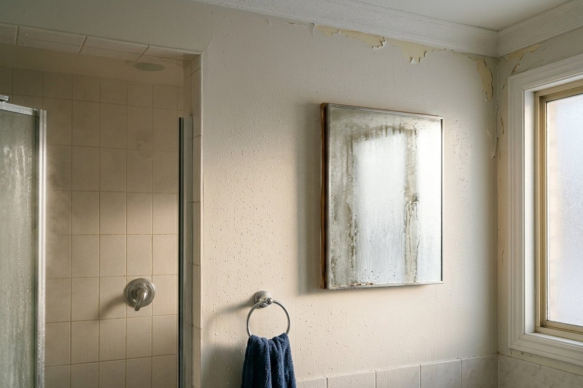 Bathroom wall beside a shower with a fogged mirror and paint peeling along the ceiling line