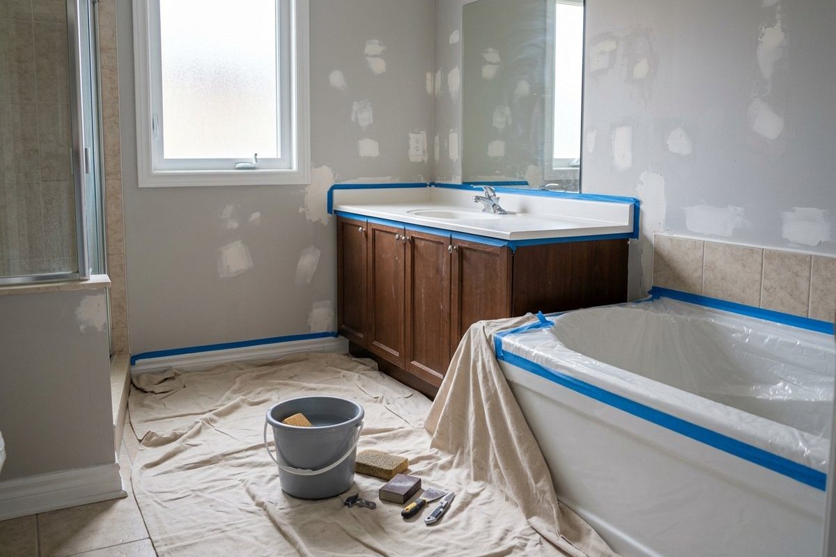 Bathroom prepared for painting with tape along the vanity and tub, a drop cloth and patched walls