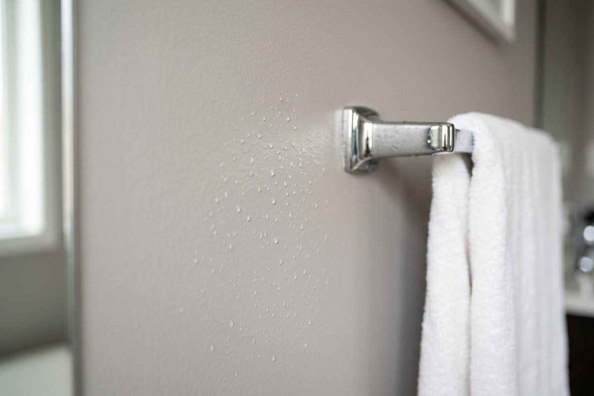 Water droplets beading on a satin painted bathroom wall next to a towel bar