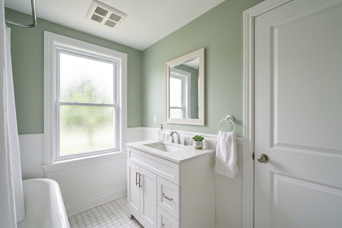 Freshly painted bathroom with sage green walls, white trim and a white vanity in daylight