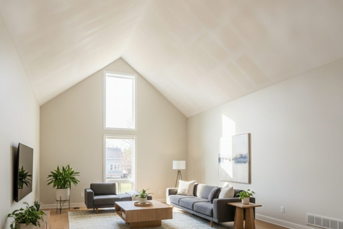 Light from a high window falling across a vaulted ceiling, showing faint roller lap marks on old paint