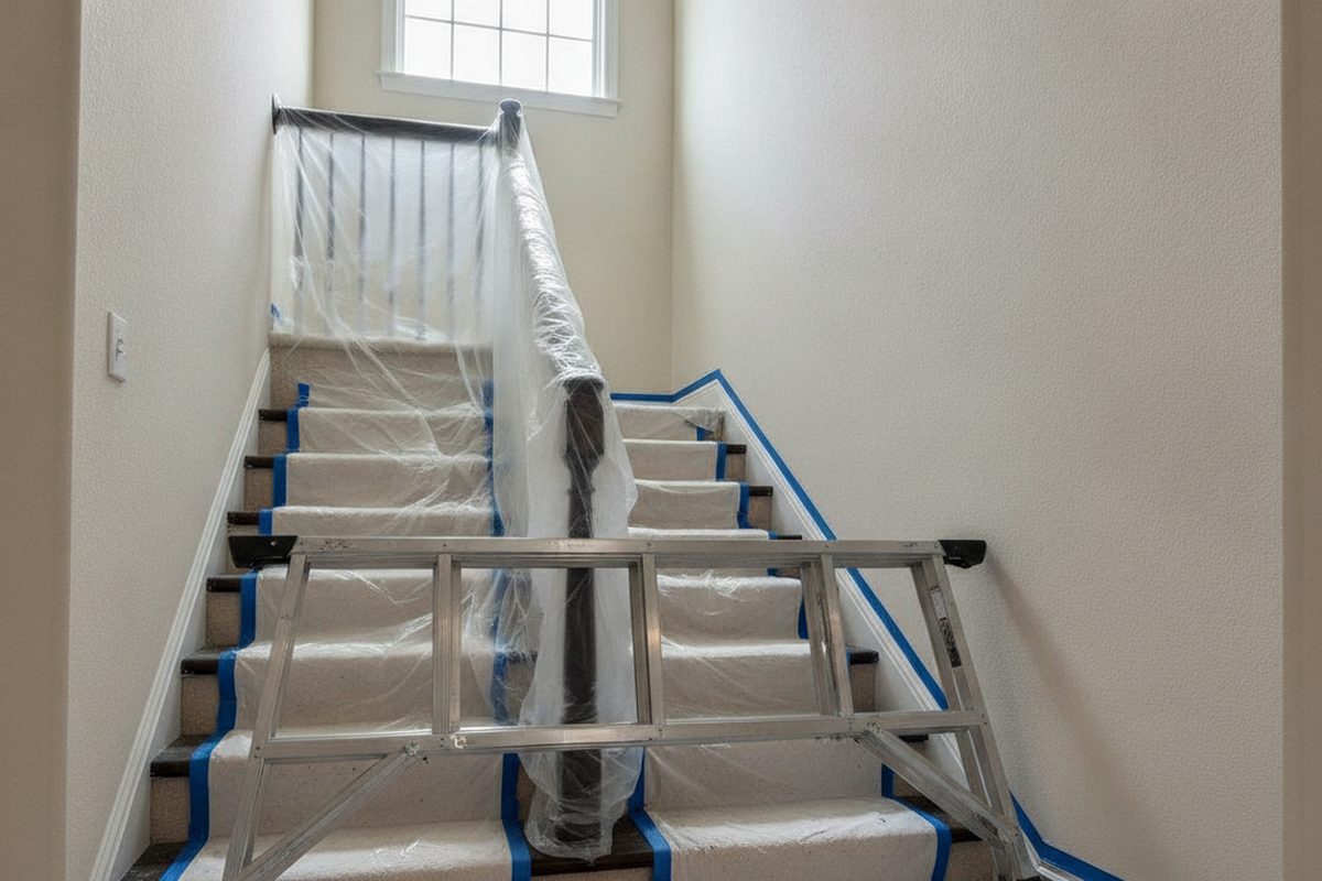 Stair platform set up over a carpeted staircase, with drop cloths on the steps and plastic wrapping the handrail