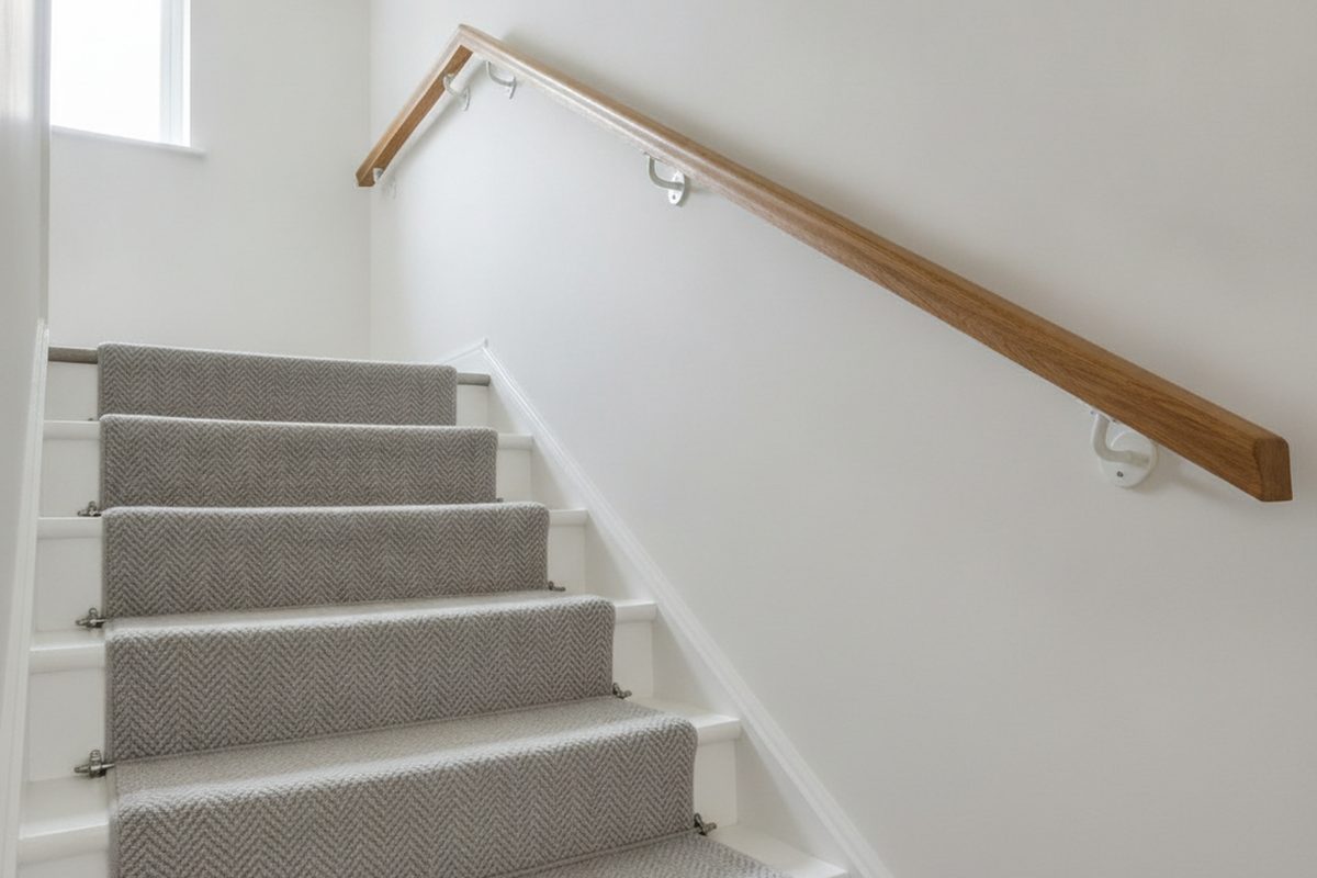 Finished stairwell with clean white walls, white trim and a wooden handrail in soft daylight