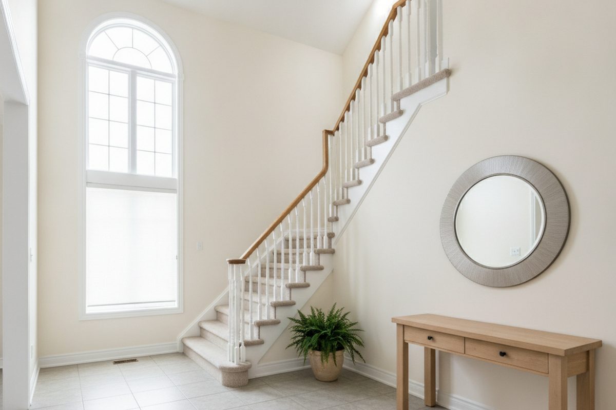 Bright two-storey foyer with a freshly painted white vaulted ceiling above a staircase