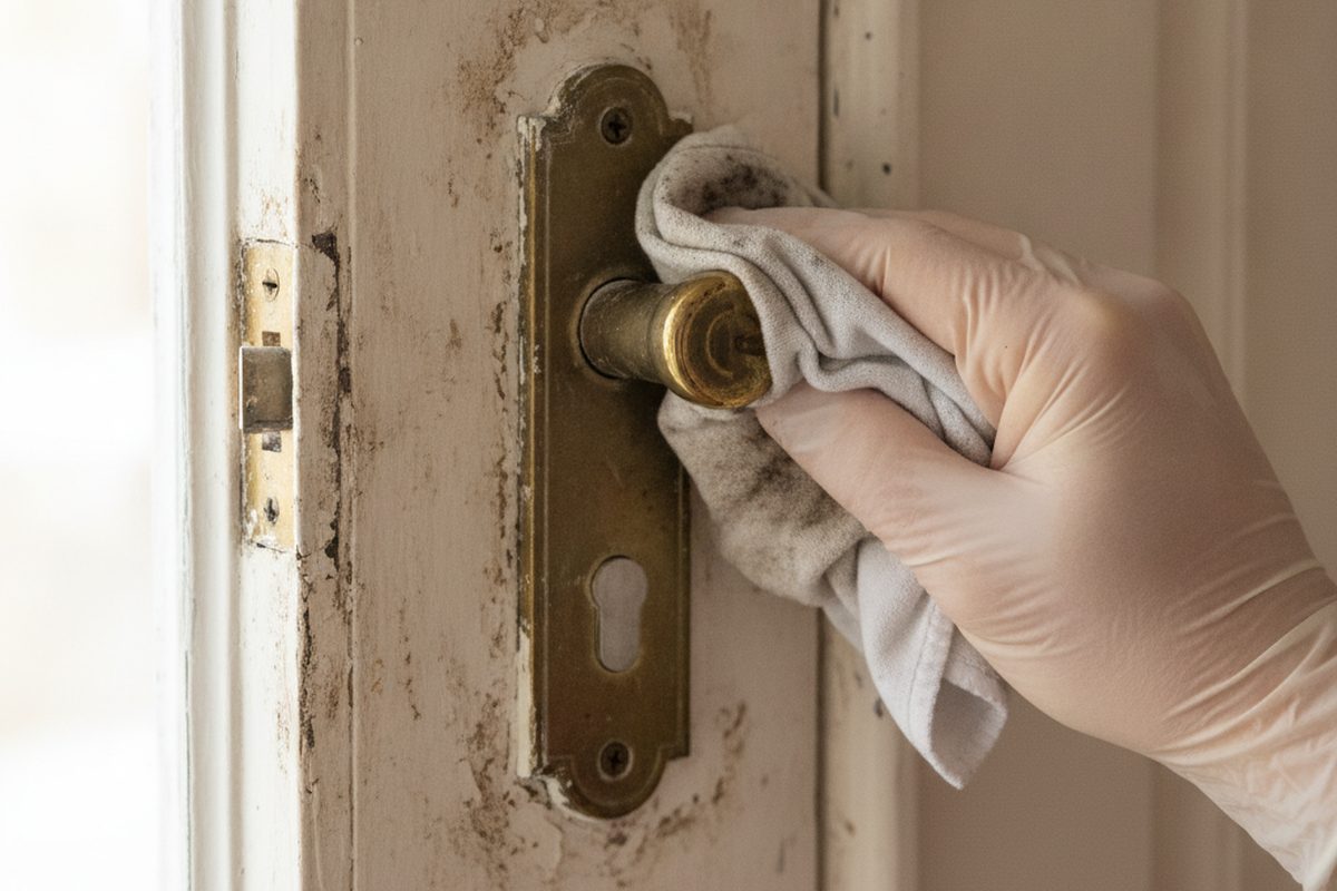 Cloth wiping grime from the area around an interior door handle before painting