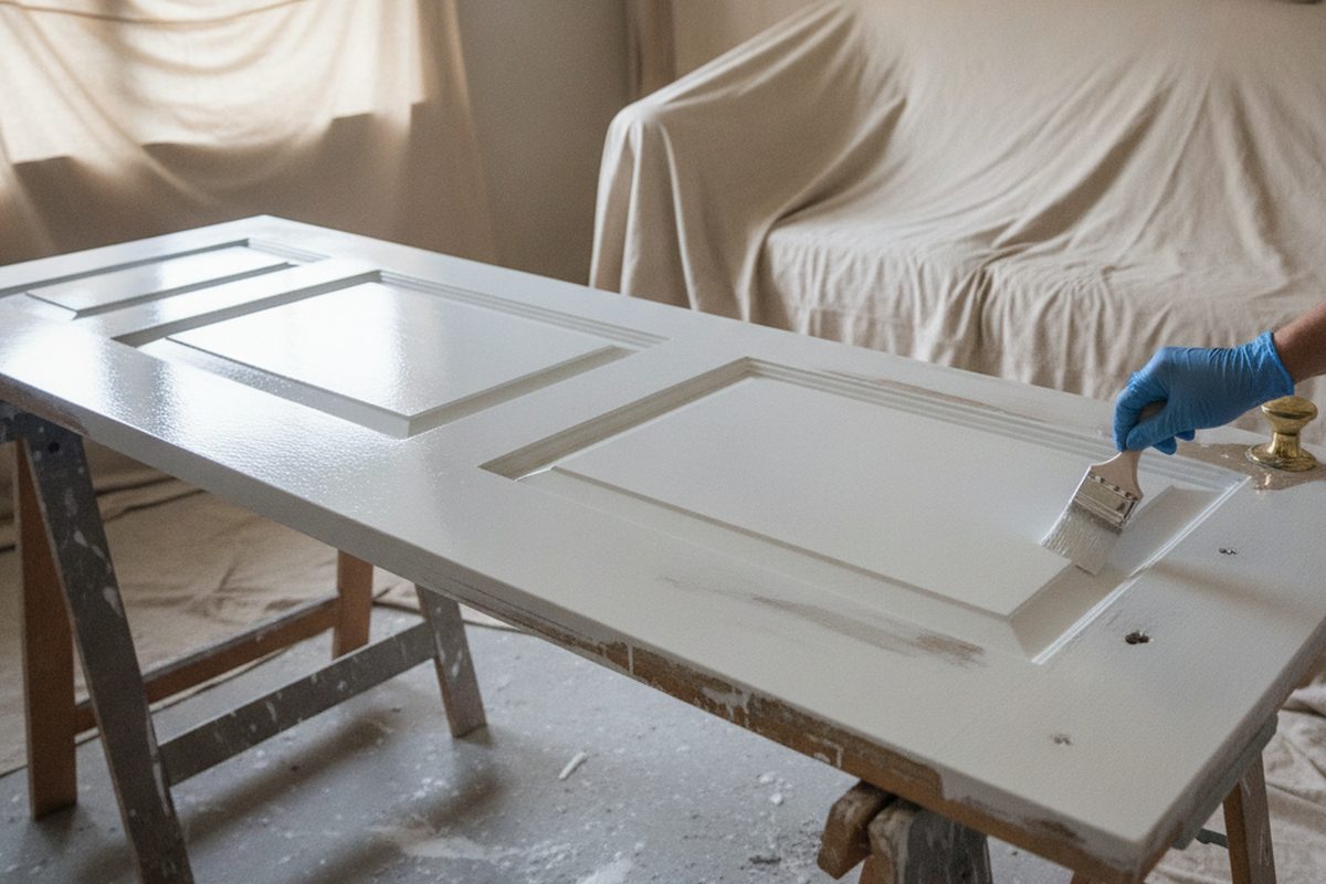 Brush applying white enamel into the recessed panel of an interior door laid flat on sawhorses