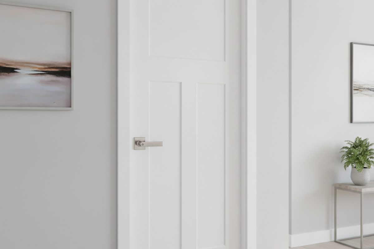 Painted white interior door rehung with a brushed nickel lever handle in a bright hallway