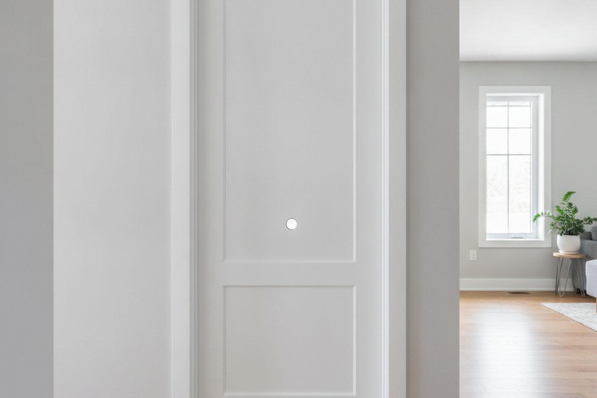 Freshly painted white two-panel interior door with the handle removed, in a bright hallway