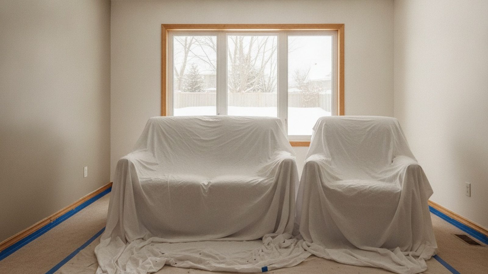 Living room prepared for interior painting in winter, with furniture under drop sheets and a snowy backyard outside the window