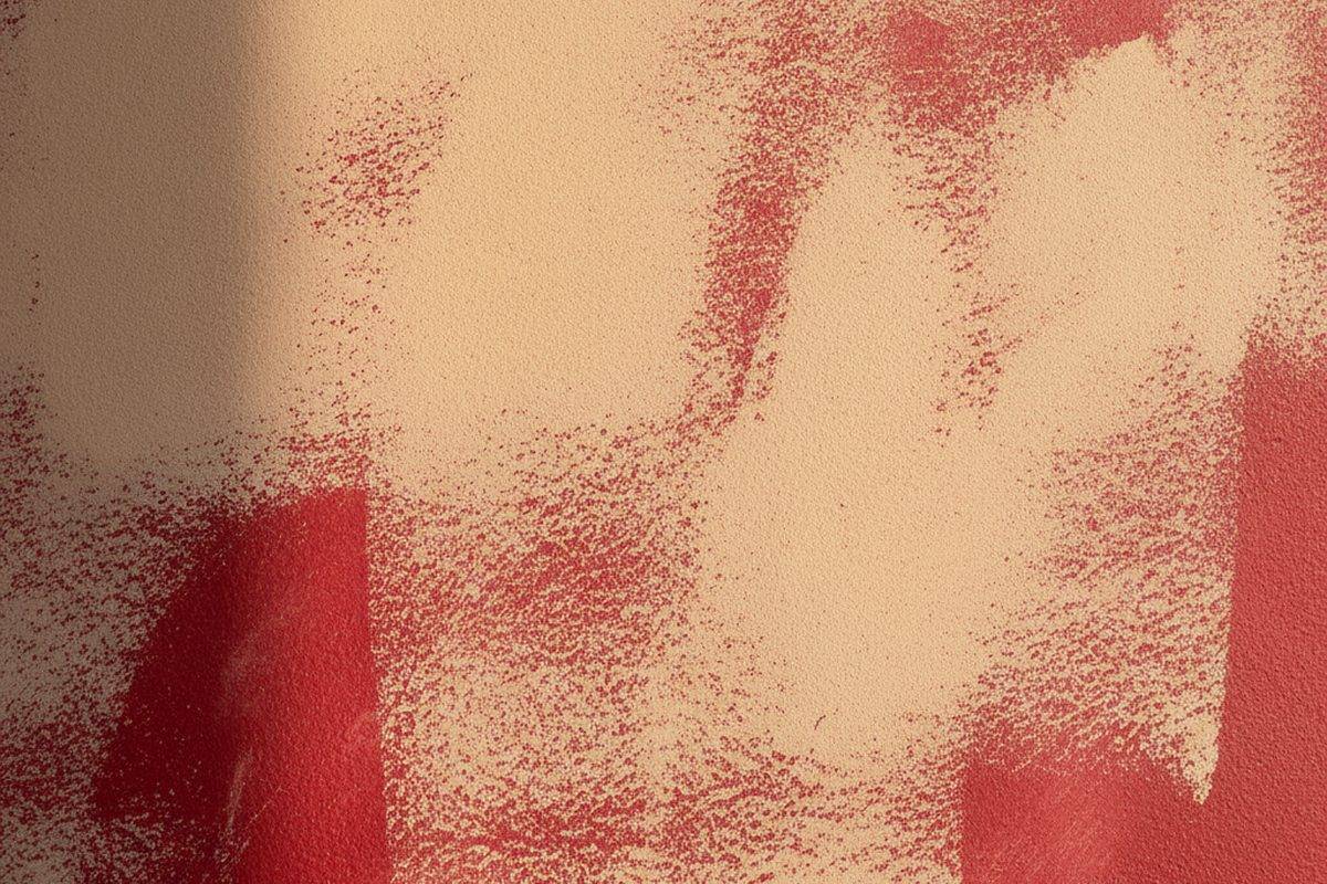 Close view of a light beige coat over a dark red wall, with the red still showing through in streaks