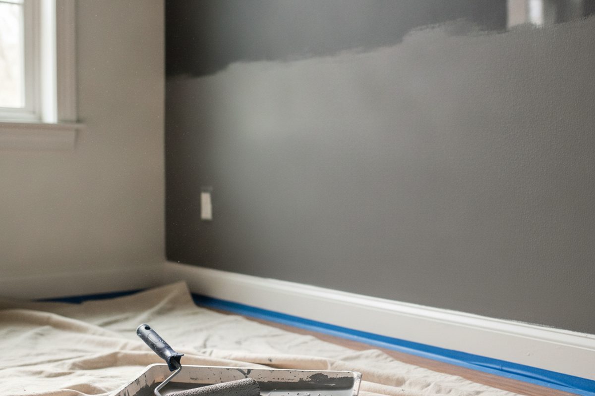 Roller tray of grey tinted primer beside a dark charcoal wall being primed