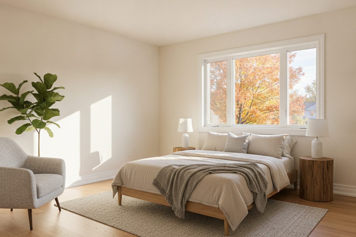 Finished bedroom with soft white walls and white trim in even afternoon light