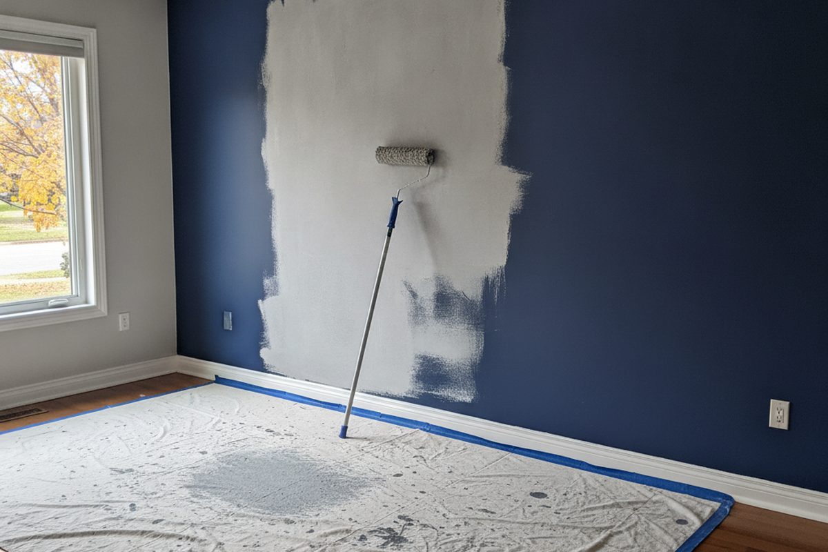 Dark navy accent wall partly rolled over with light grey primer in a bright living room