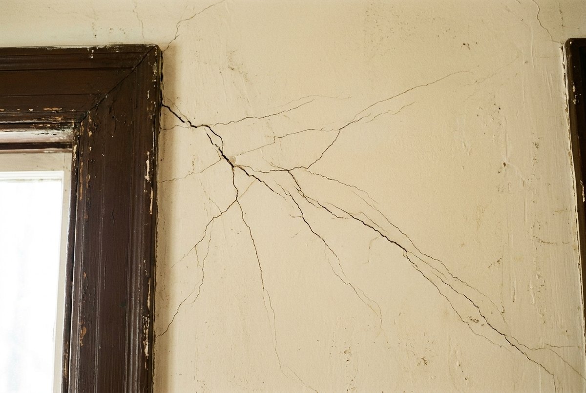 Close-up of hairline cracks spreading from the corner of a door frame on an old painted plaster wall