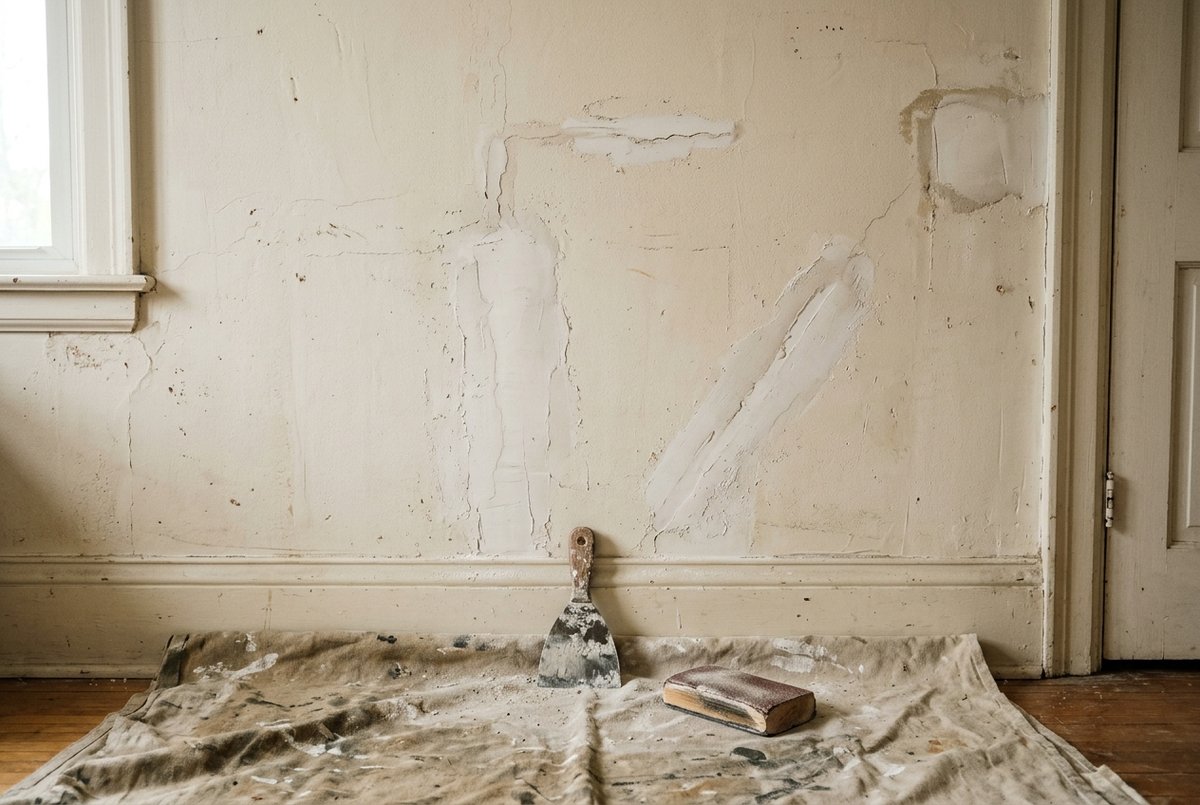 Plaster wall with filled and sanded crack repairs showing as lighter patches before priming