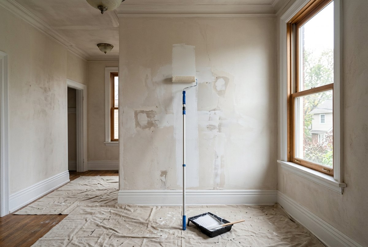 Roller applying white primer over a repaired plaster wall in a room with a high ceiling