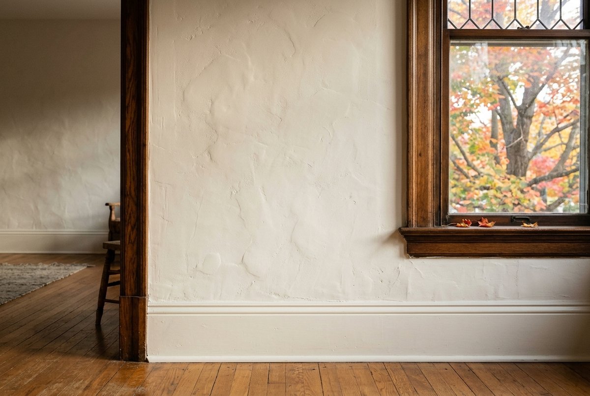 Freshly painted plaster wall in an older home with tall baseboards, a wood window casing and soft afternoon light