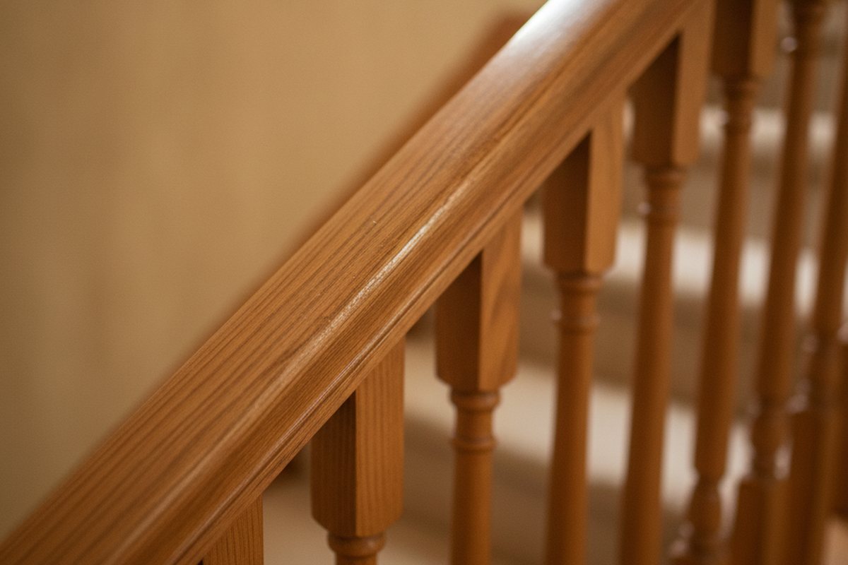 Stained honey oak stair handrail and turned spindles with a glossy clear finish, the kind of surface paint will not grip without preparation