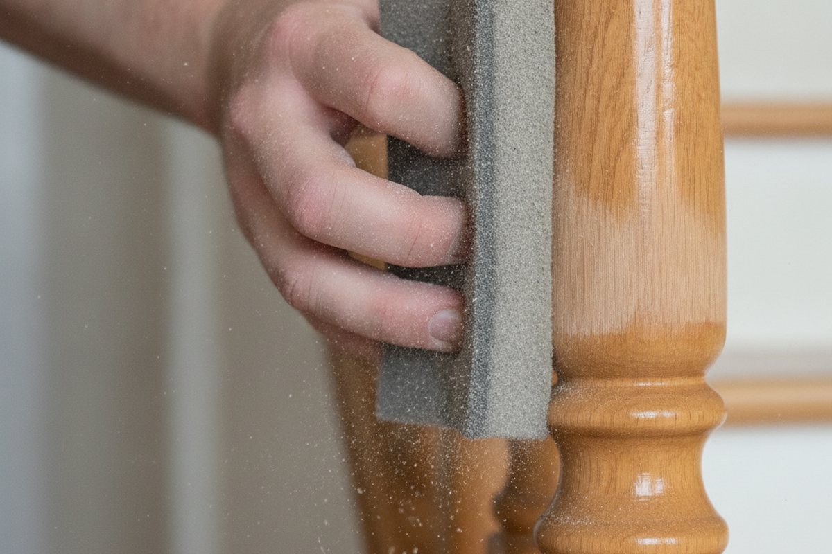 Sanding sponge scuffing the glossy finish off a stained oak stair spindle before priming