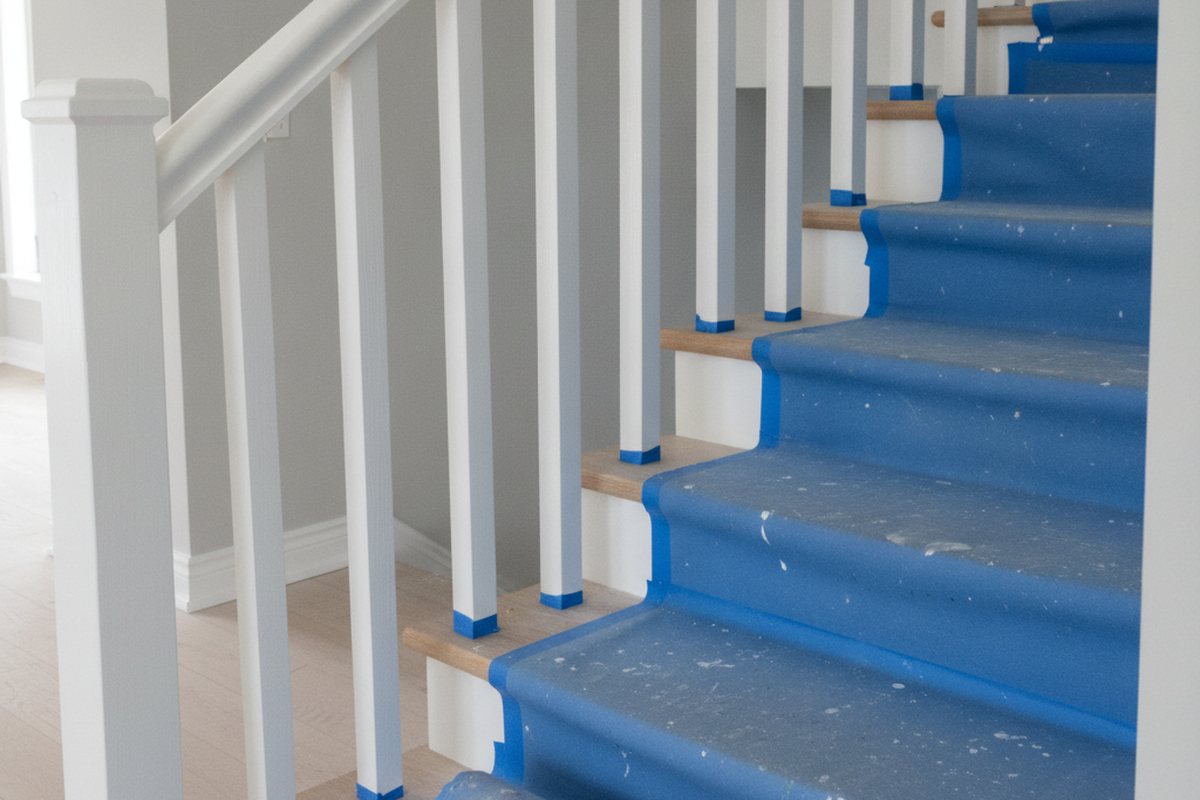 Freshly painted white stair spindles and handrail drying, with painter's tape at the spindle bases and the treads covered with protective paper