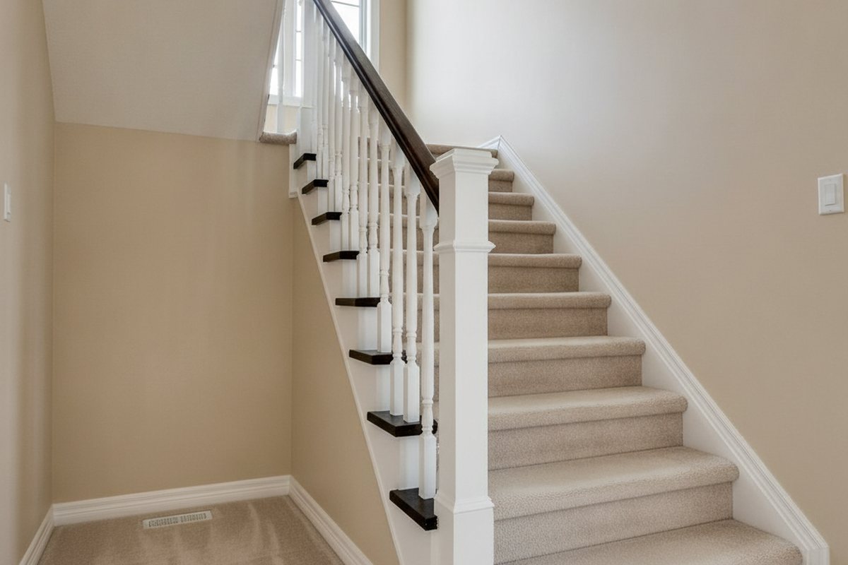 Staircase with painted white spindles and newel post under a dark stained handrail in a bright home