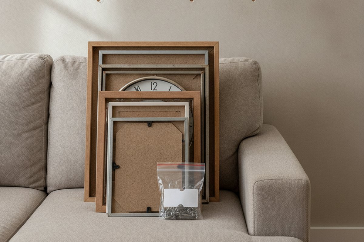 Framed pictures and a clock taken down and stacked on a sofa with a bag of hooks, and the empty nail holes visible on the wall behind
