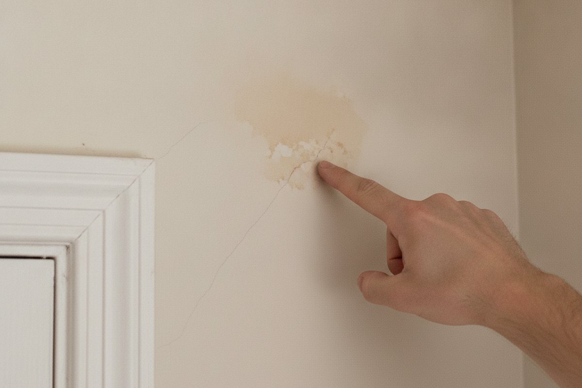 Hand pointing at a hairline crack and a damaged patch on a painted wall beside a door frame during an interior painting walkthrough