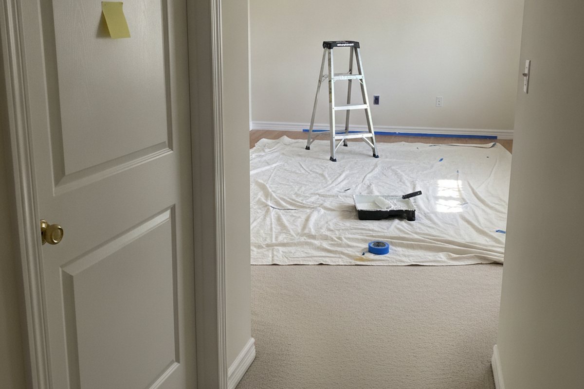 Hallway with a bedroom door closed and a note stuck to it, while the room beyond is set up with drop cloths and a stepladder for interior painting