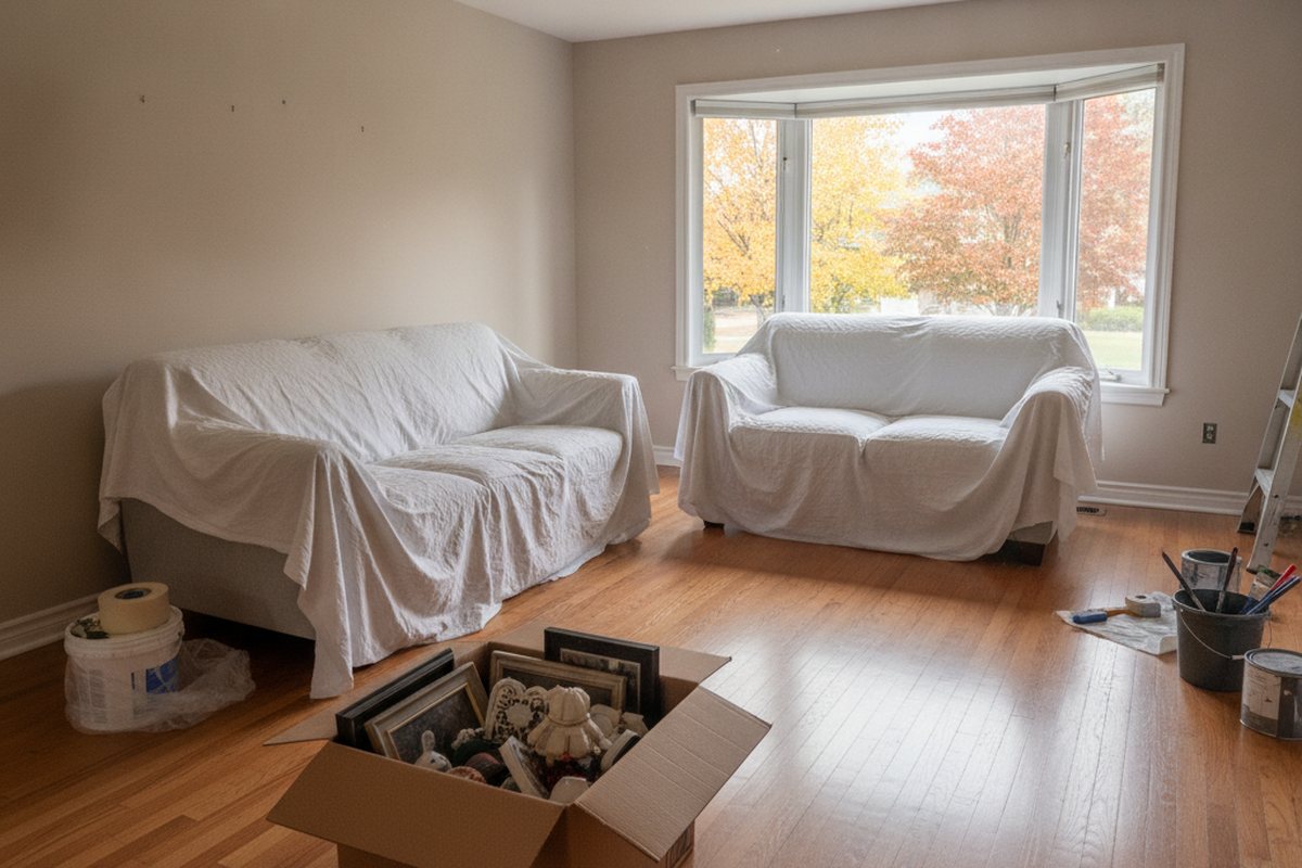 Living room ready for interior painters, with the walls cleared of art, framed pictures packed in a box and the sofas under drop sheets