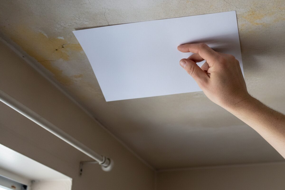 Sheet of white paper held flat against an aged ceiling showing a clear yellow-grey colour difference
